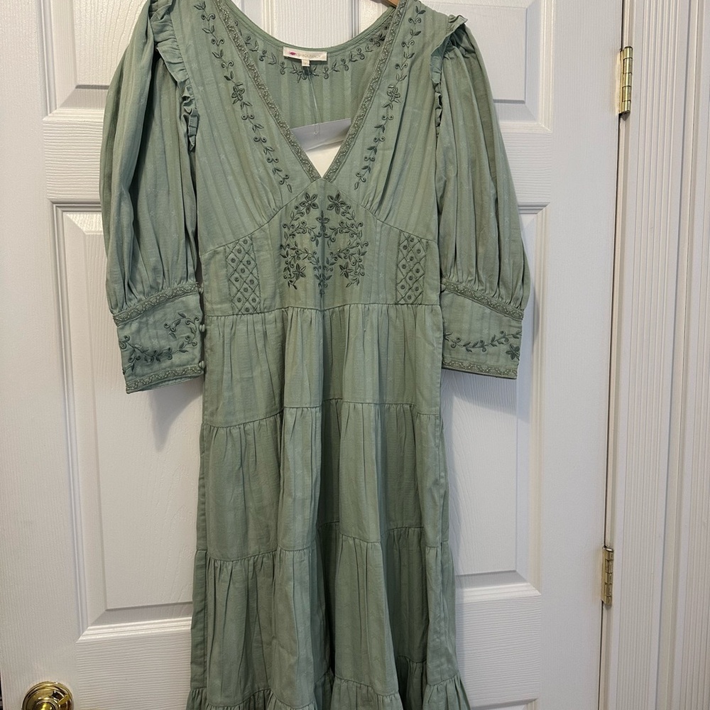 NWT LoveShackFancy Embroidered Sage Green Midi Dress Sz Small